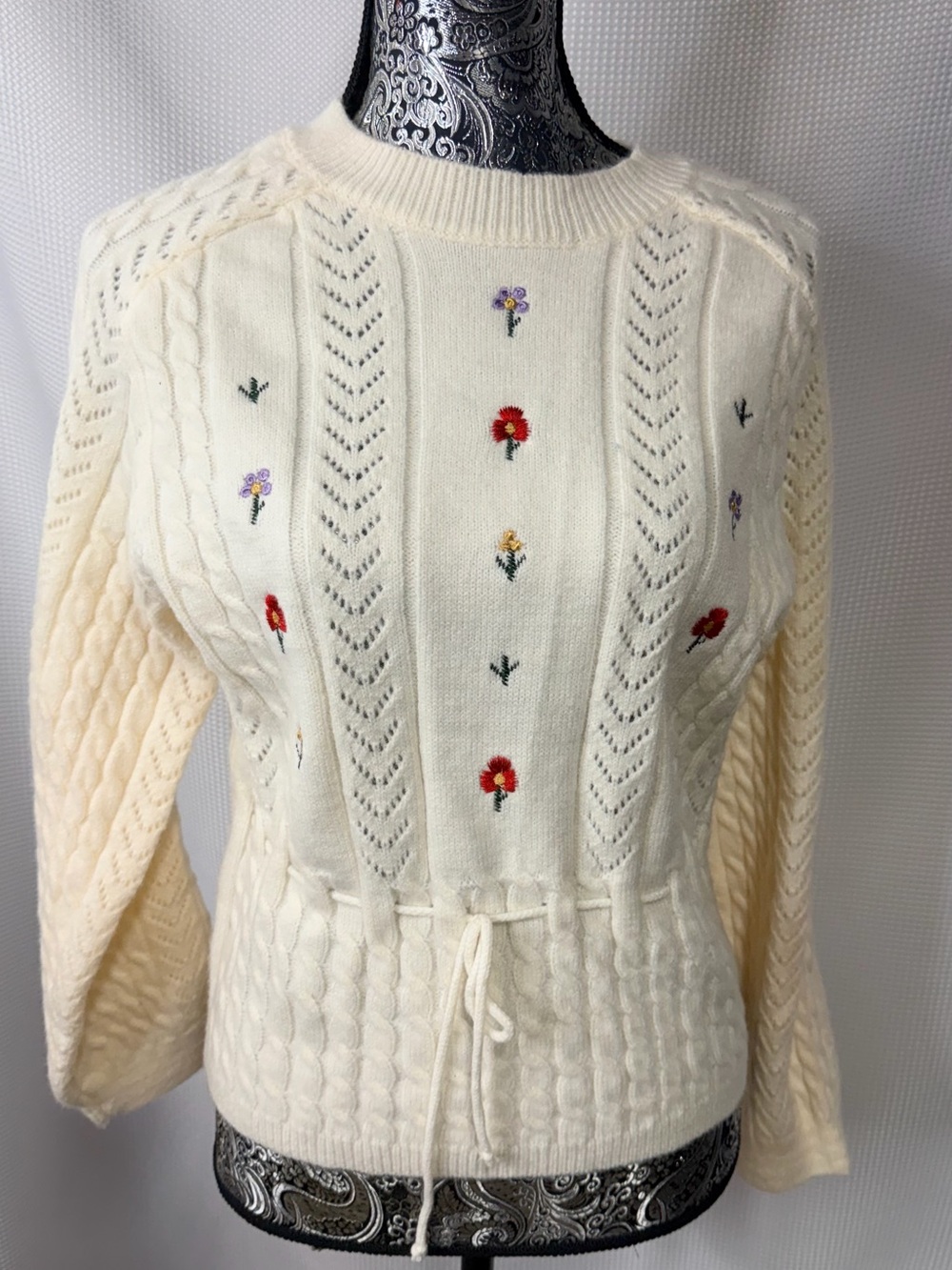 Storia Cream Embroidered Cable-Knit Crew Sweater with Waist Tie